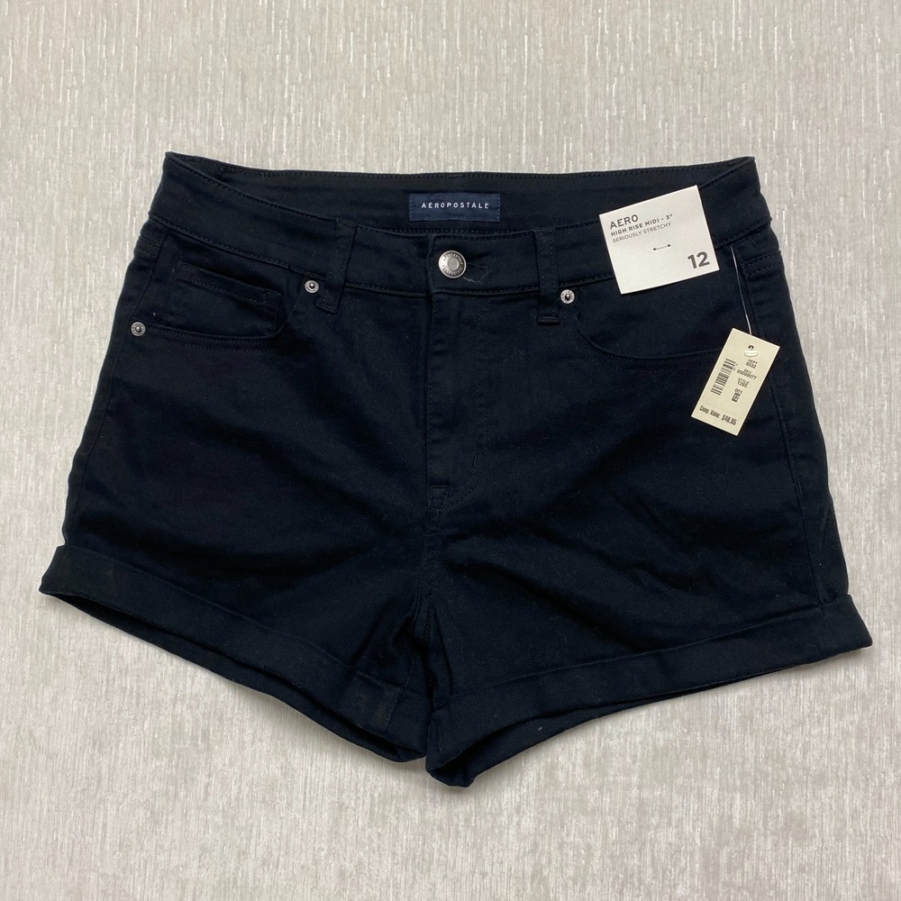 Aeropostale High Rise Midi Shorts Womens 12 Black Seriously Stretchy Cuffed Hem